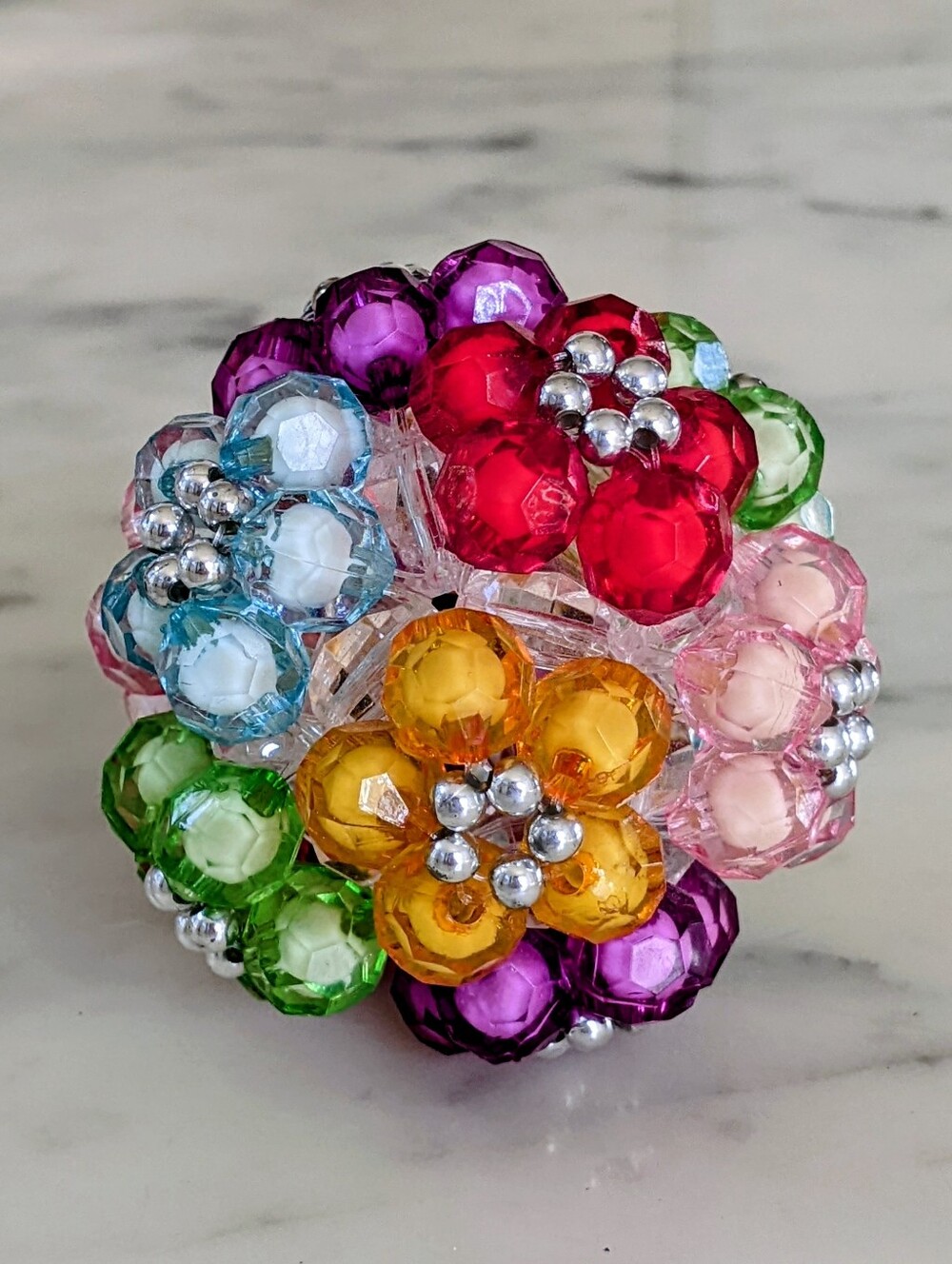 NWOT. Handmade Multicolor Bright Beaded Flower Cluster Ball 3" With Bell Inside.